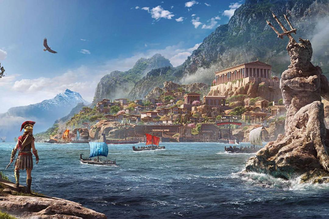 تصویر یونان باستان با حضور الکسیوس و مجسمه خدای دریا در بازی Assassin's Creed  Odyssy