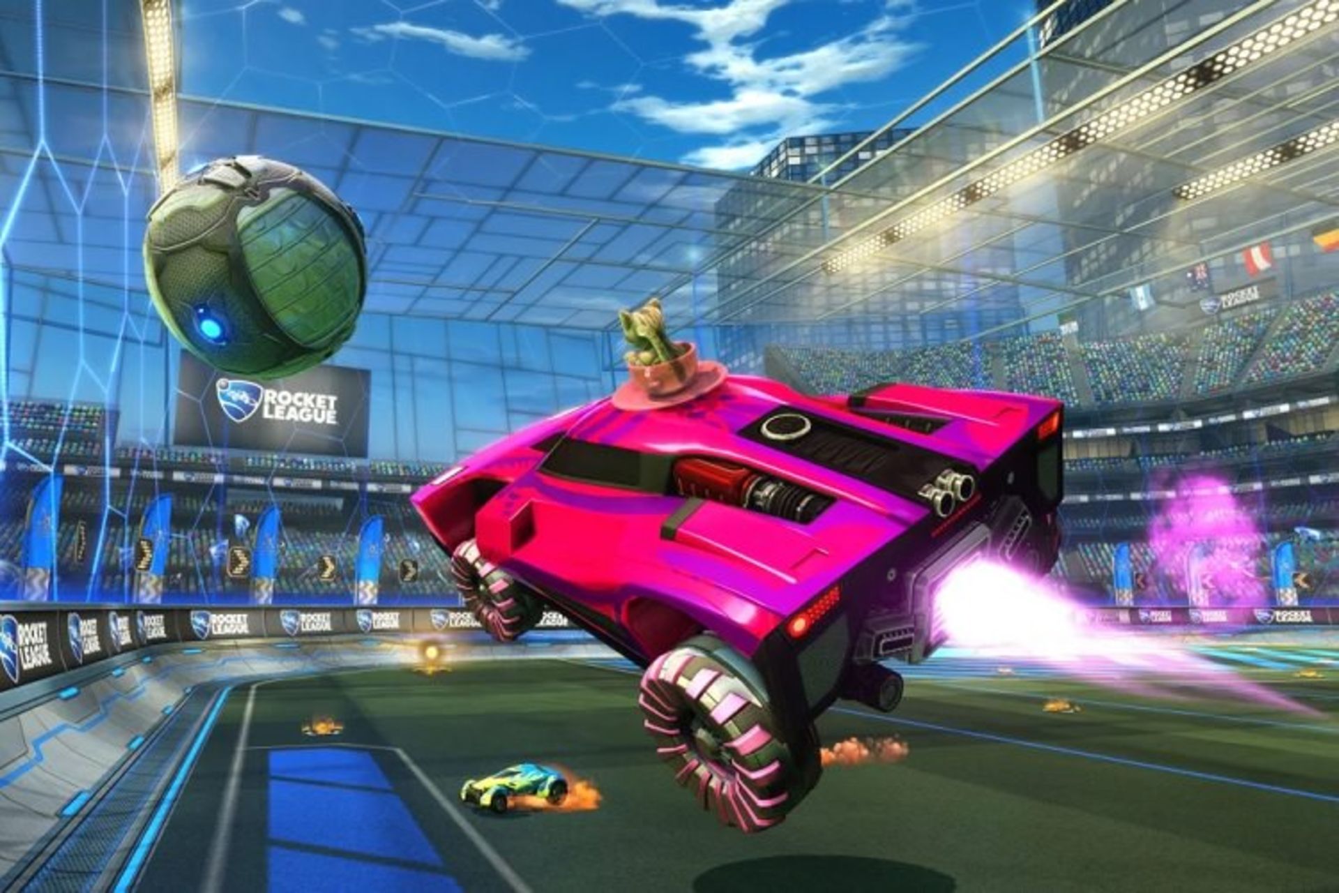 ماشین بازی Rocket League در حال ضربه زدن به توپ