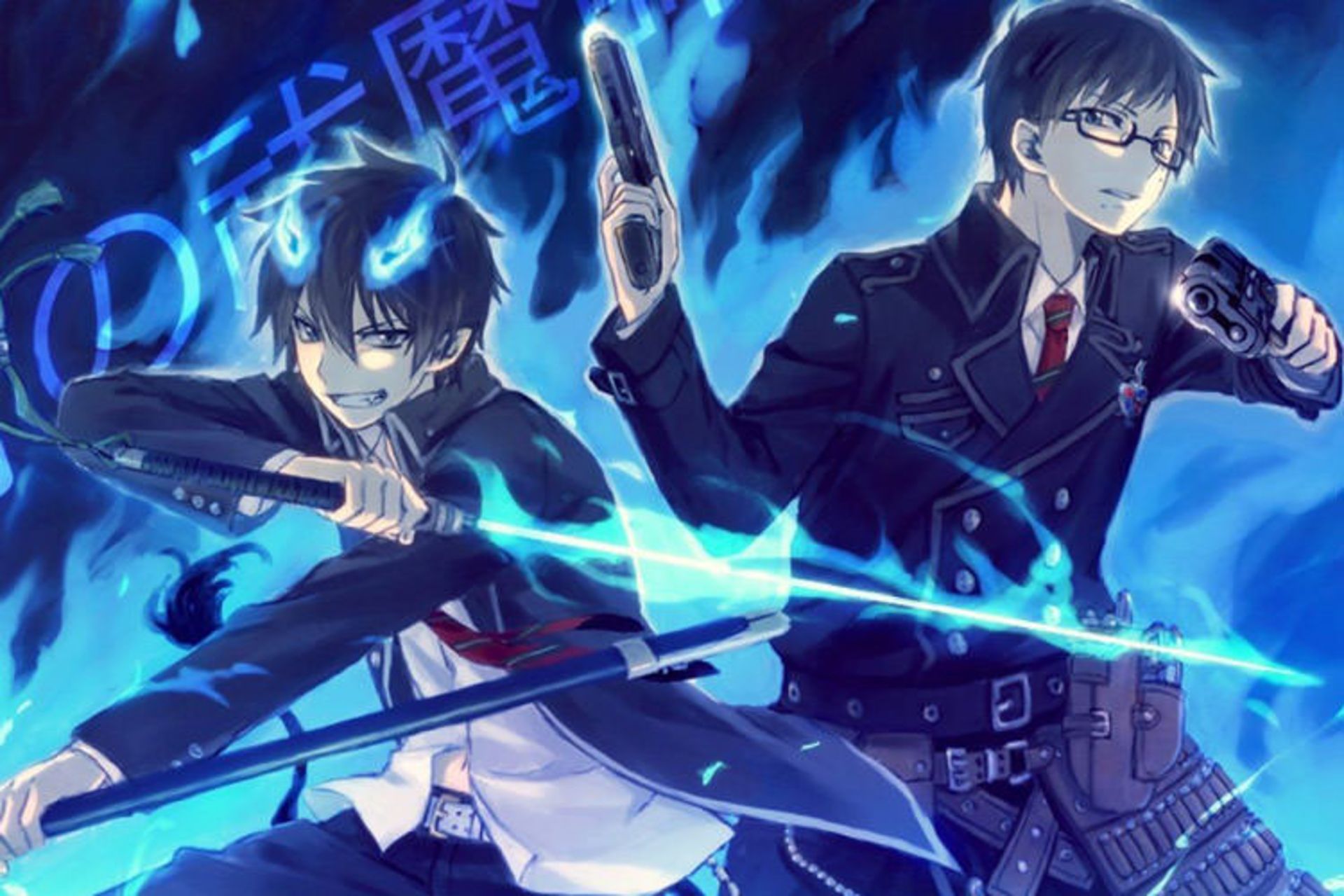 شمشیر و تفنگ در دستان دو شخصیت کراوات دار در انیمه Blue Exorcist