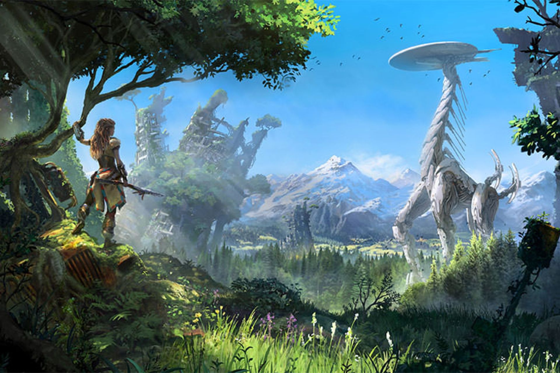 ایلوی در حال تماشای روبات بزرگ جنگل در بازی Horizon Zero Dawn