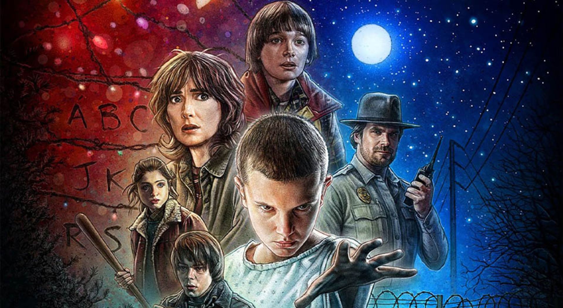 شخصیت‌های اصلی سریال the stranger things در یک زمینه آبی و قرمز