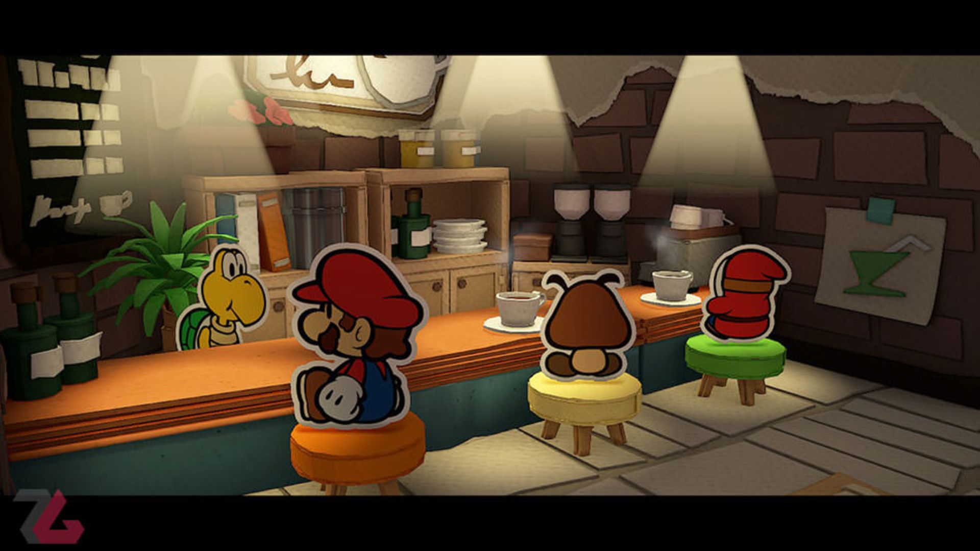 ماریو در حال خوردن قهوه در Paper Mario: The Origami King