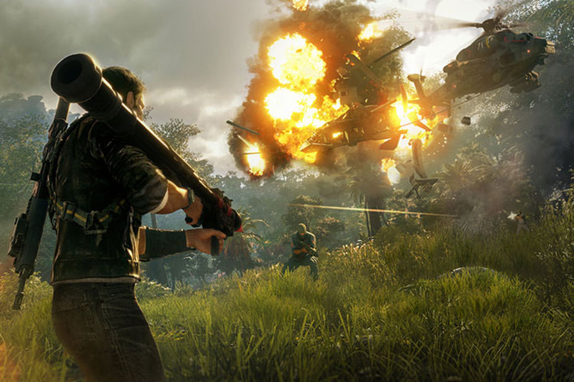 ریکو در حال شلیک به هلیکوپتر دشمن در بازی Just Cause 4