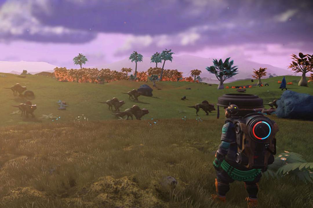 نمایی از دشت پر از دایناسور در بازی No Man's Sky