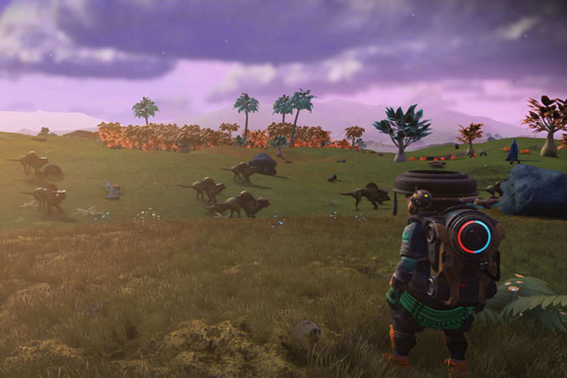نمایی از دشت پر از دایناسور در بازی No Man's Sky