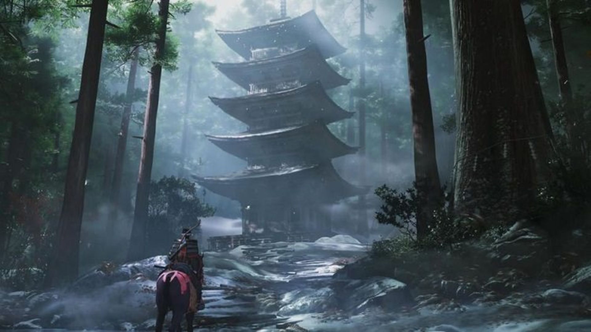 شخصیت بازی Ghost of Tsushima در حال ورود به یک قصر  بلند در بازی گوست آو سوشیما