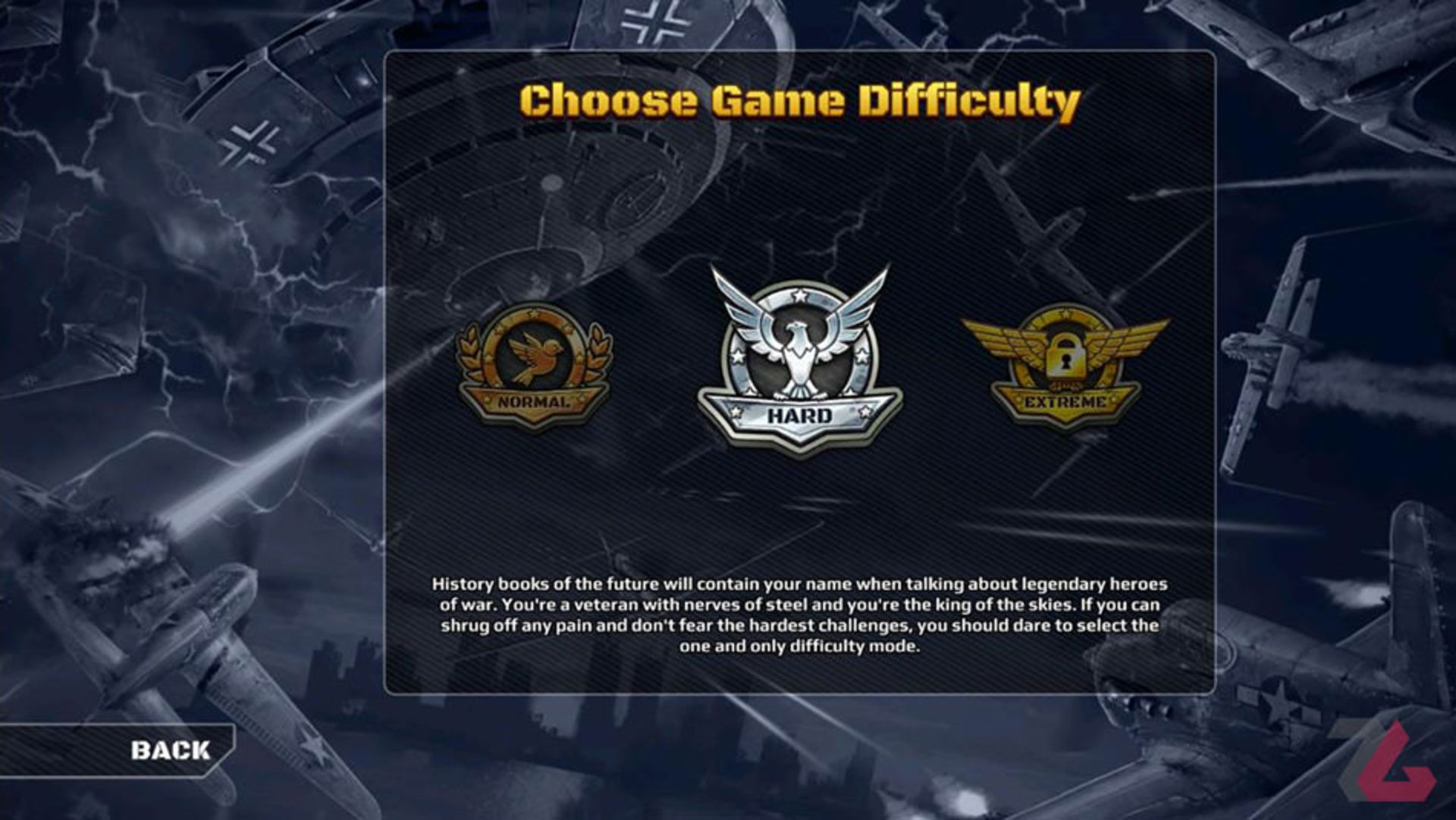 انتخاب میزان سختی مراحل با سه گزینه مختلف در بازی Aces of the Luftwaffe 