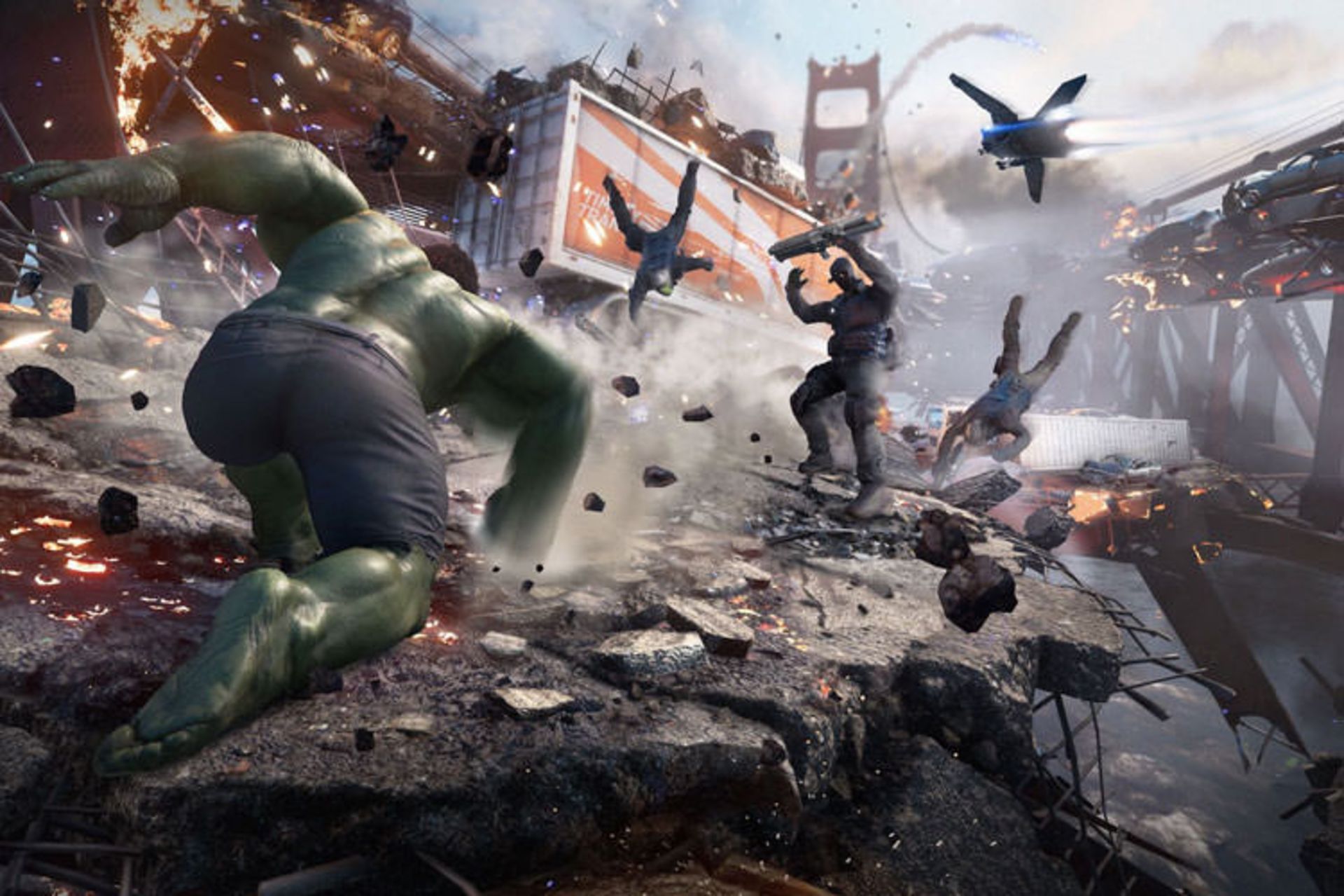 هالک در حال کوبیدن مشت به زمین و نابودی دشمنان در Marvel's Avengers