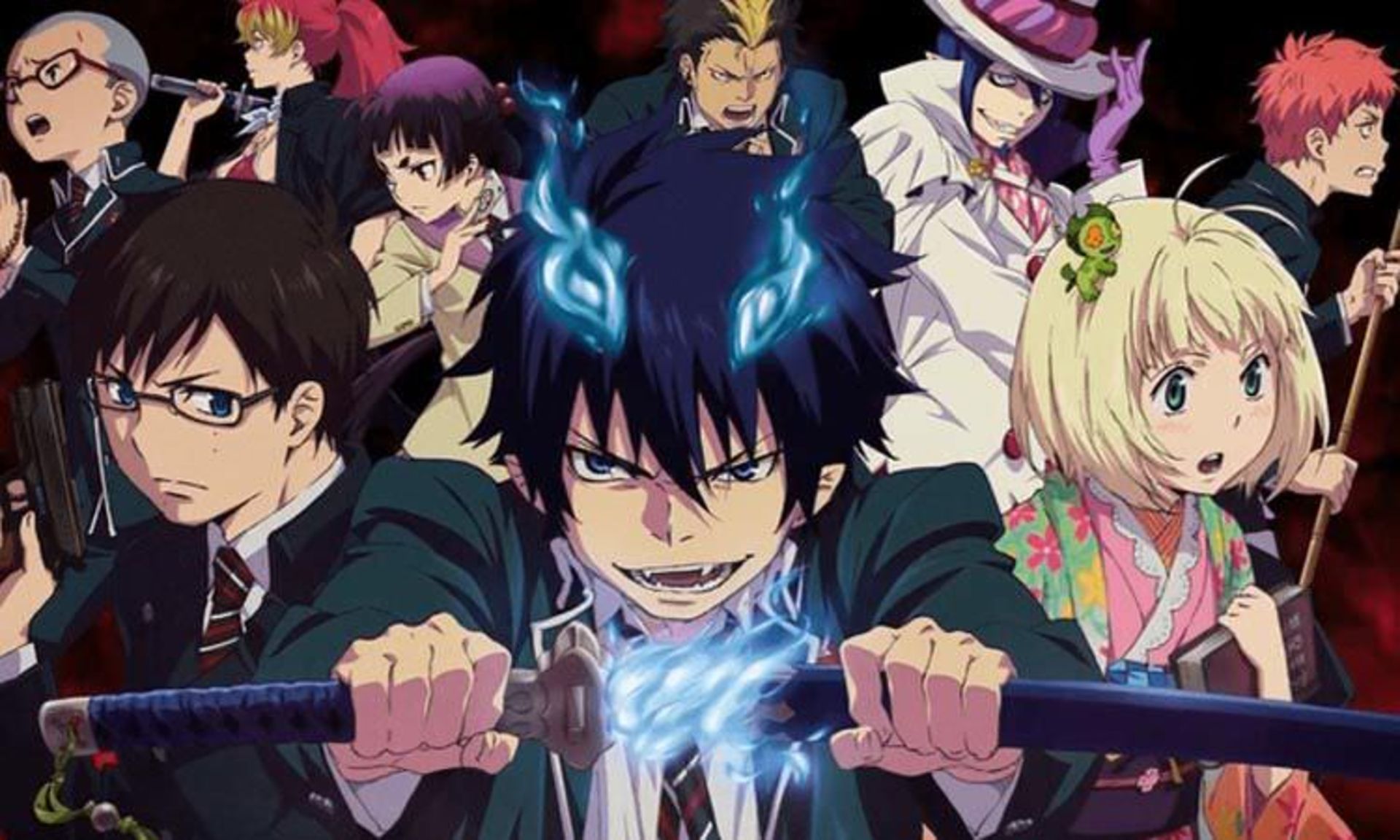 رین، یوکی و سایر شخصیت‌های Ao no exorcist با پشت زمینه مشکی