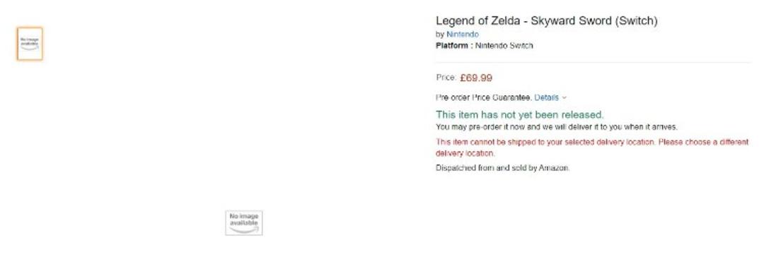 صفحه بازی The Legend of Zelda: Skyward Sword در آمازون بریتانیا