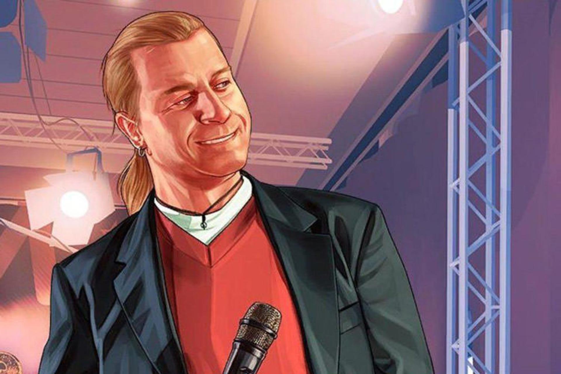 مرد انیمیشنی با کت سیاه و بلوز قرمز مقابل میکروفون در بازی جی تی ای 5
