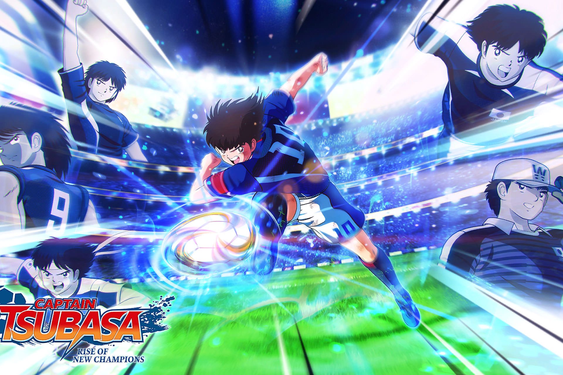 سوباسا در حالت شوت زدن درکنار سایر کاراکترهای Captain Tsubasa: Rise of New Champions