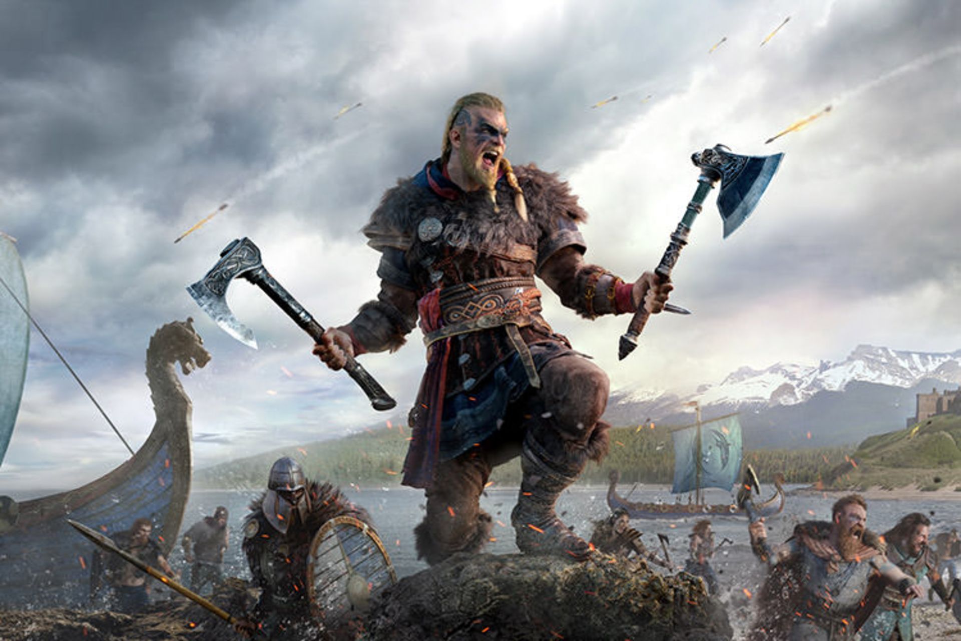 کاراکتر مرد بازی Assassins Creed Valhalla با دو تبر بزرگ