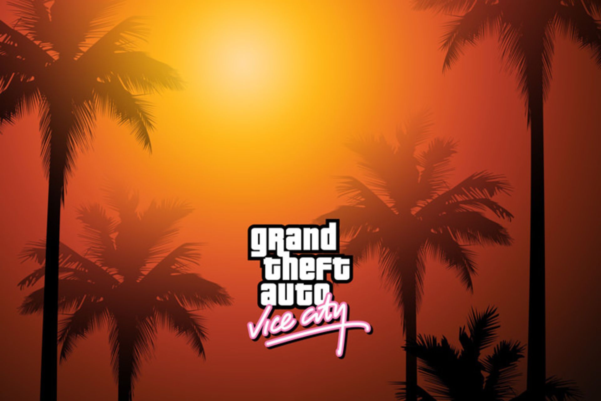 لوگو GTA Vice City با پس زمینه غروب آفتاب و درختان نخل