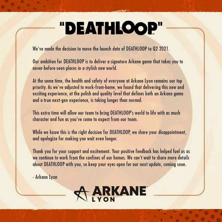 نامه استودیو آرکین به مناسبت تاخیر در عرضه بازی Deathloop