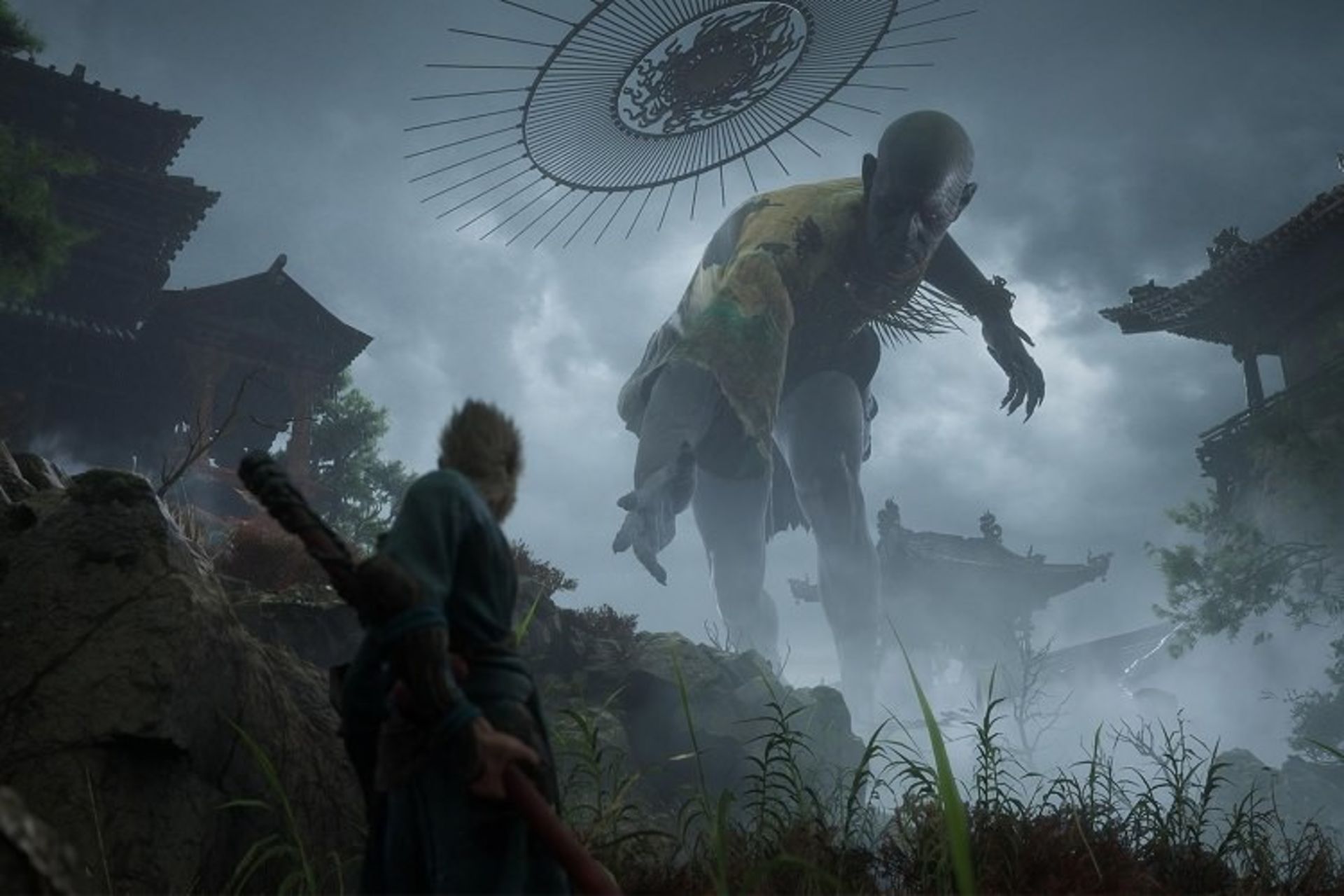 کاراکتر بازی Black Myth: Wukong در مقابل یک غول بزرگ