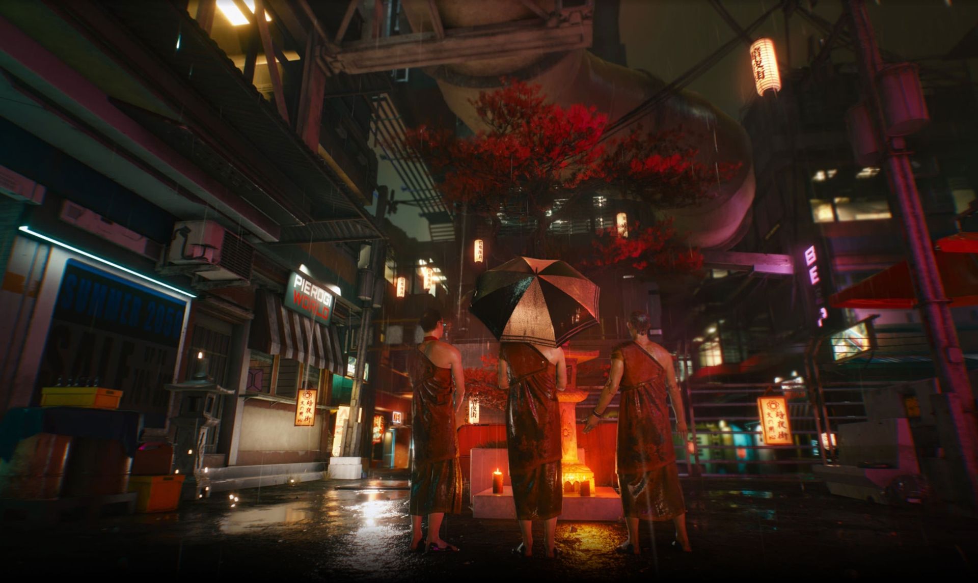سه بودایی در حال صحبت با یکدیگر در Cyberpunk 2077