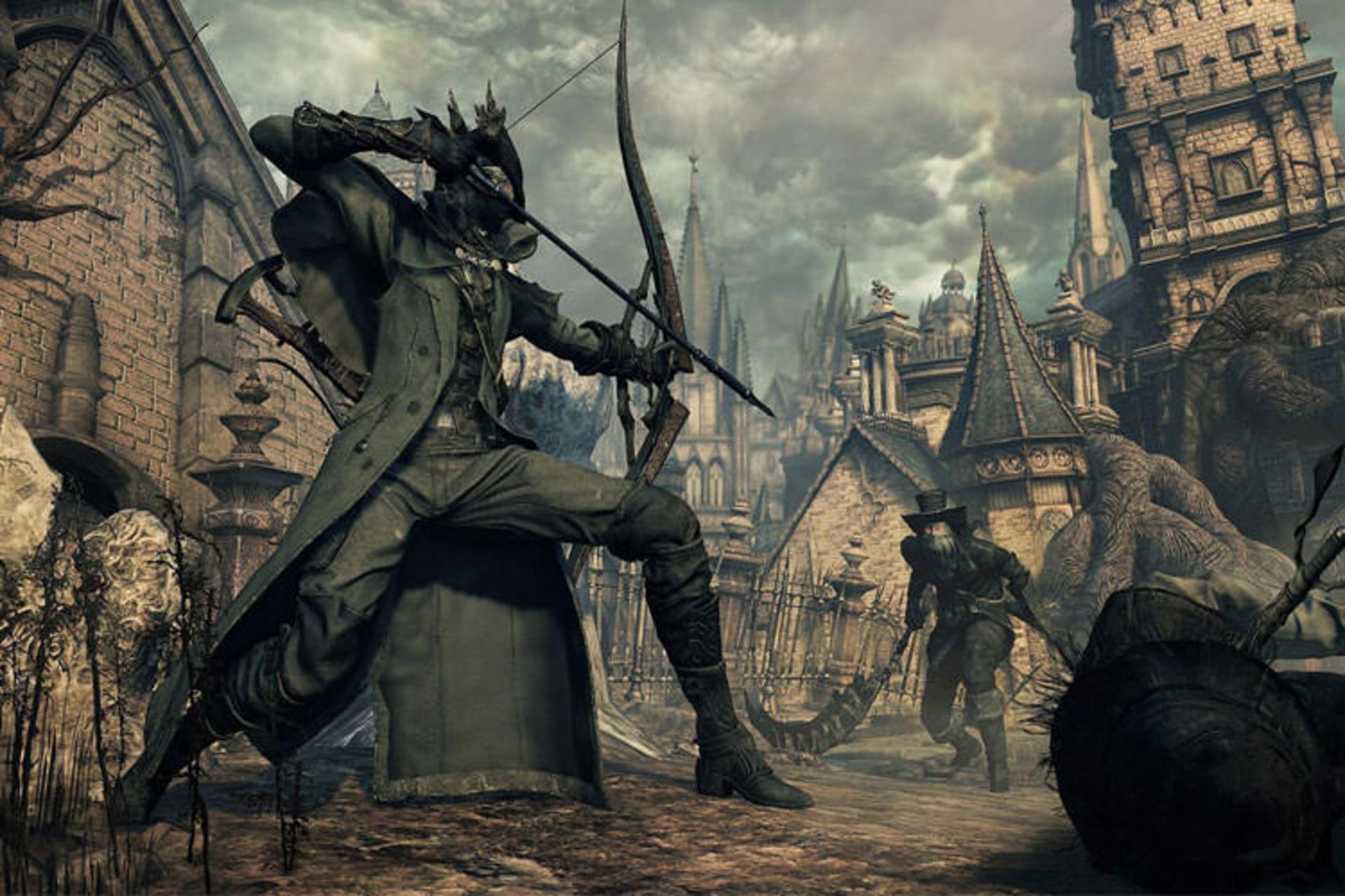 قهرمان Bloodborne در حال نابودی یک هانتر شمشیر به دست