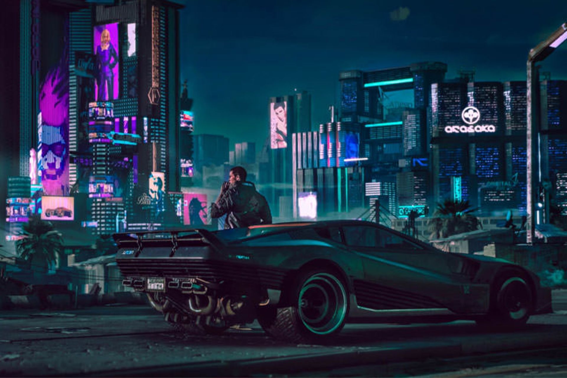 کاراکتر وی در حال نگاه کردن به نایت سیتی و تکیه به ماشین در Cyberpunk 2077