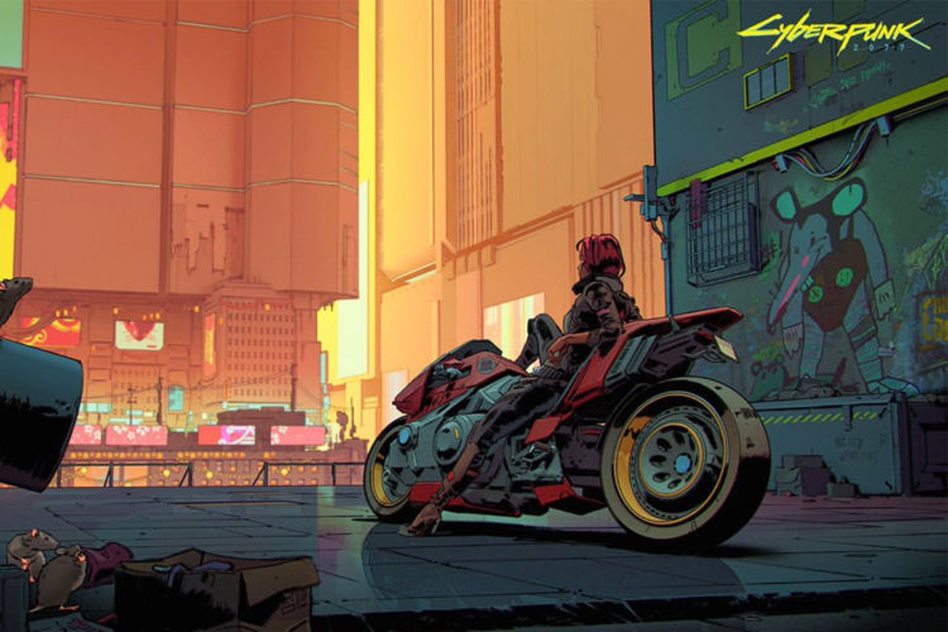 کاراکتر Cyberpunk 2077 روی موتور خود نشسته و شهر را نگاه می‌کند