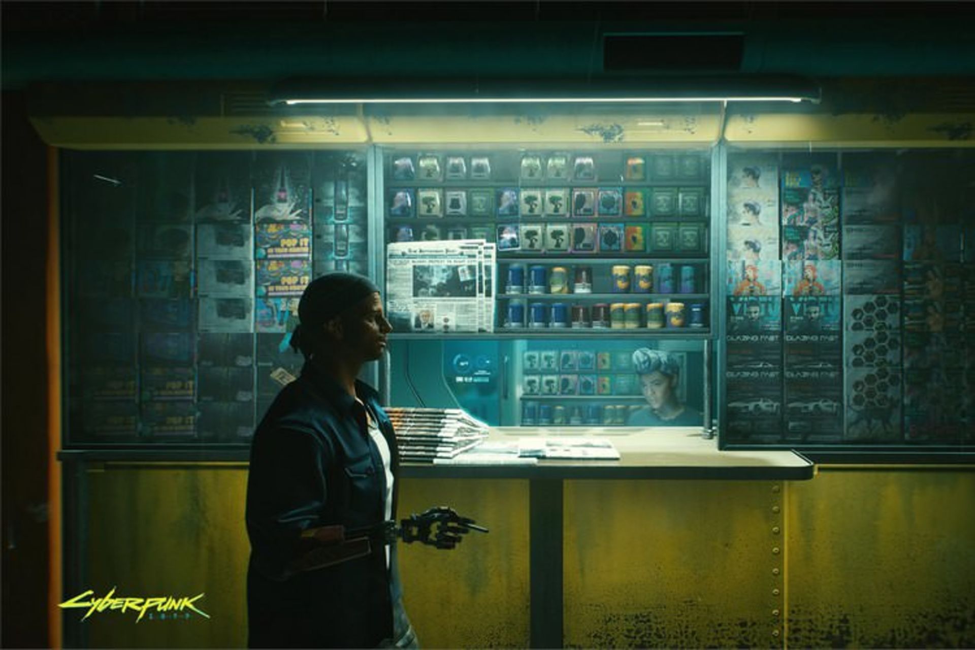 نمایی از یک فروشگاه خیابانی در جهان بازی Cyberpunk 2077