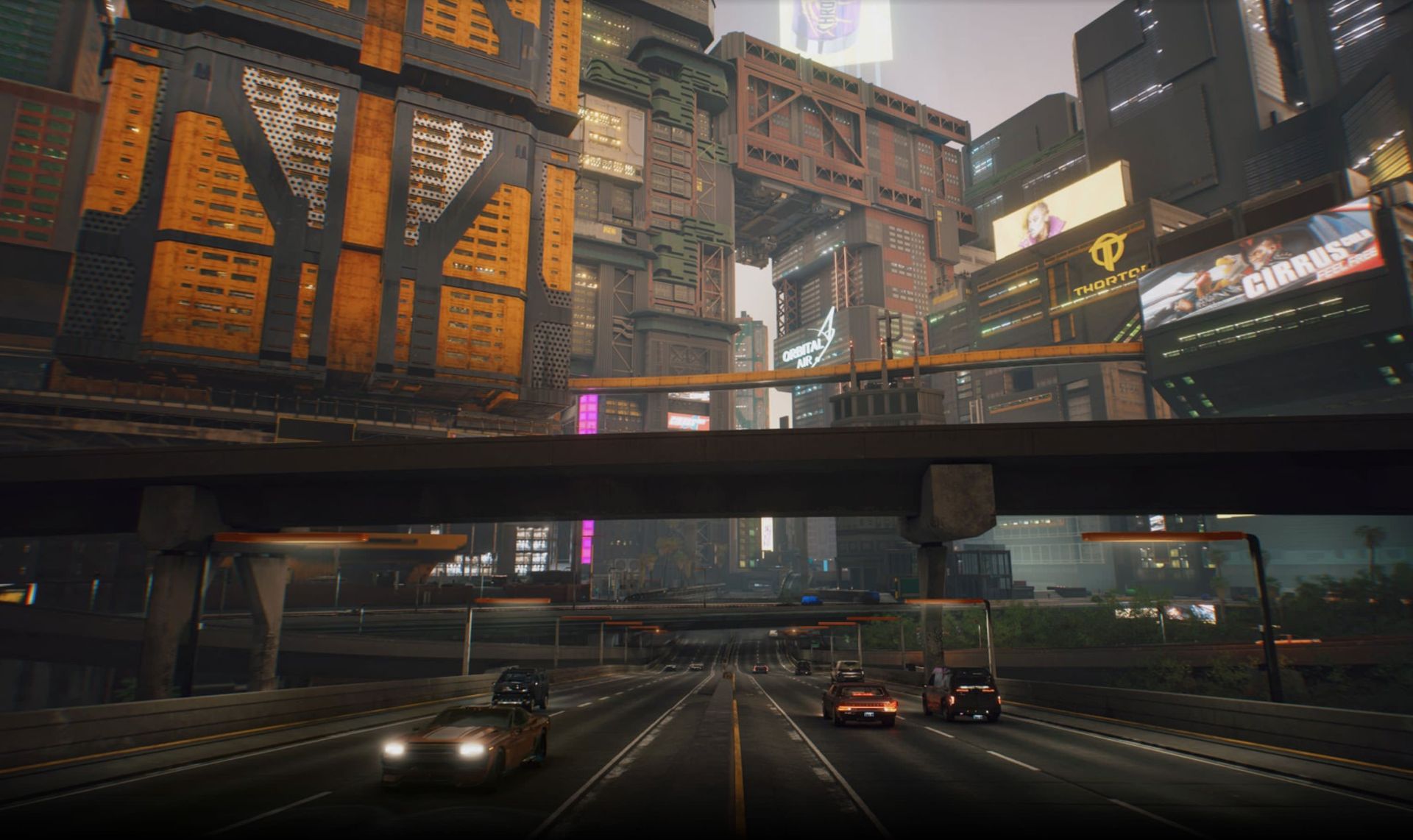 عبور و مرور ماشین‌ها در زیر یک روگذر در بازی Cyberpunk 2077