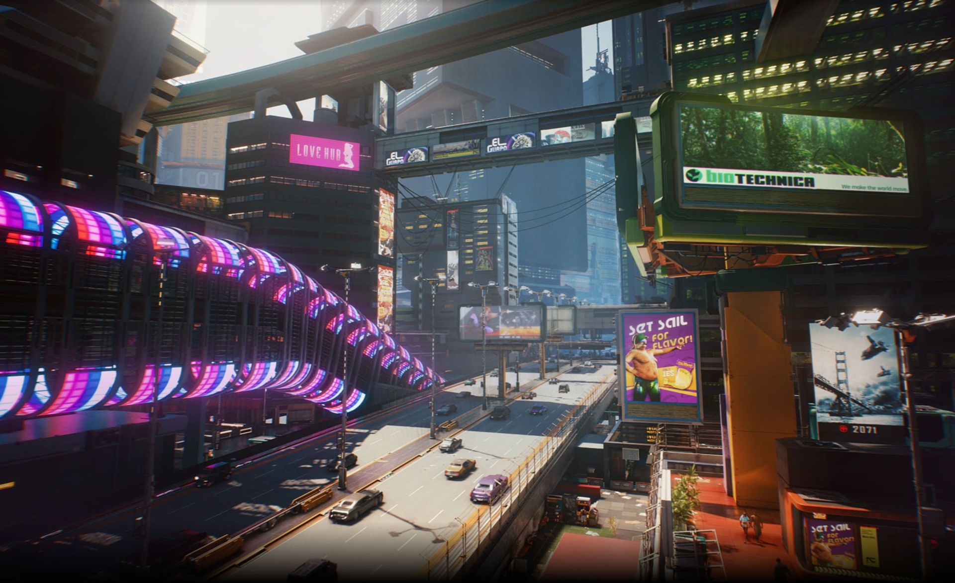 عبور ماشین‌ها در اتوبان در بازی Cyberpunk 2077