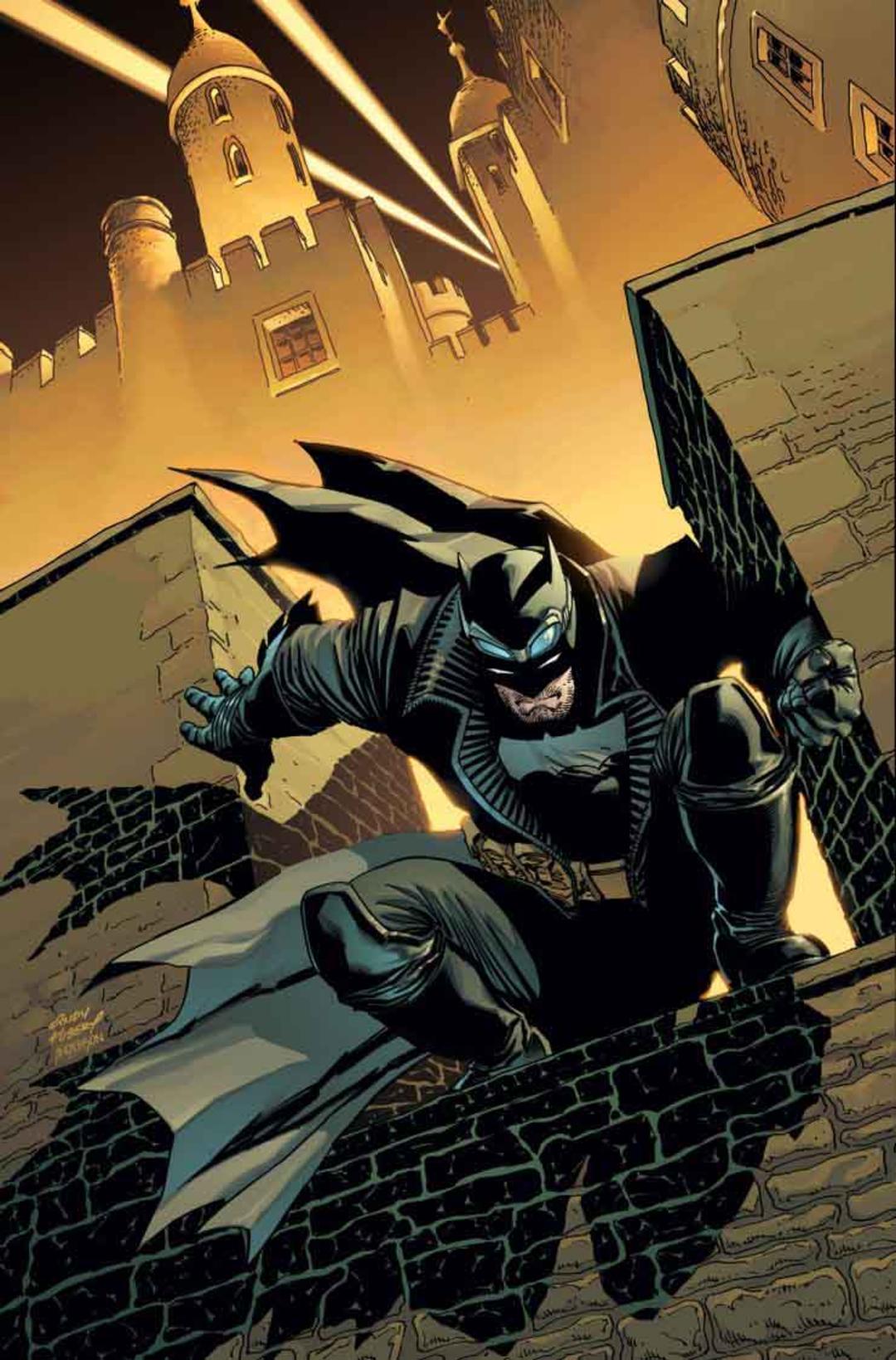 شخصیت بتمن بالای یک ساختمان انگلیسی در سری کتاب کمیک Batman: The Dark Knight