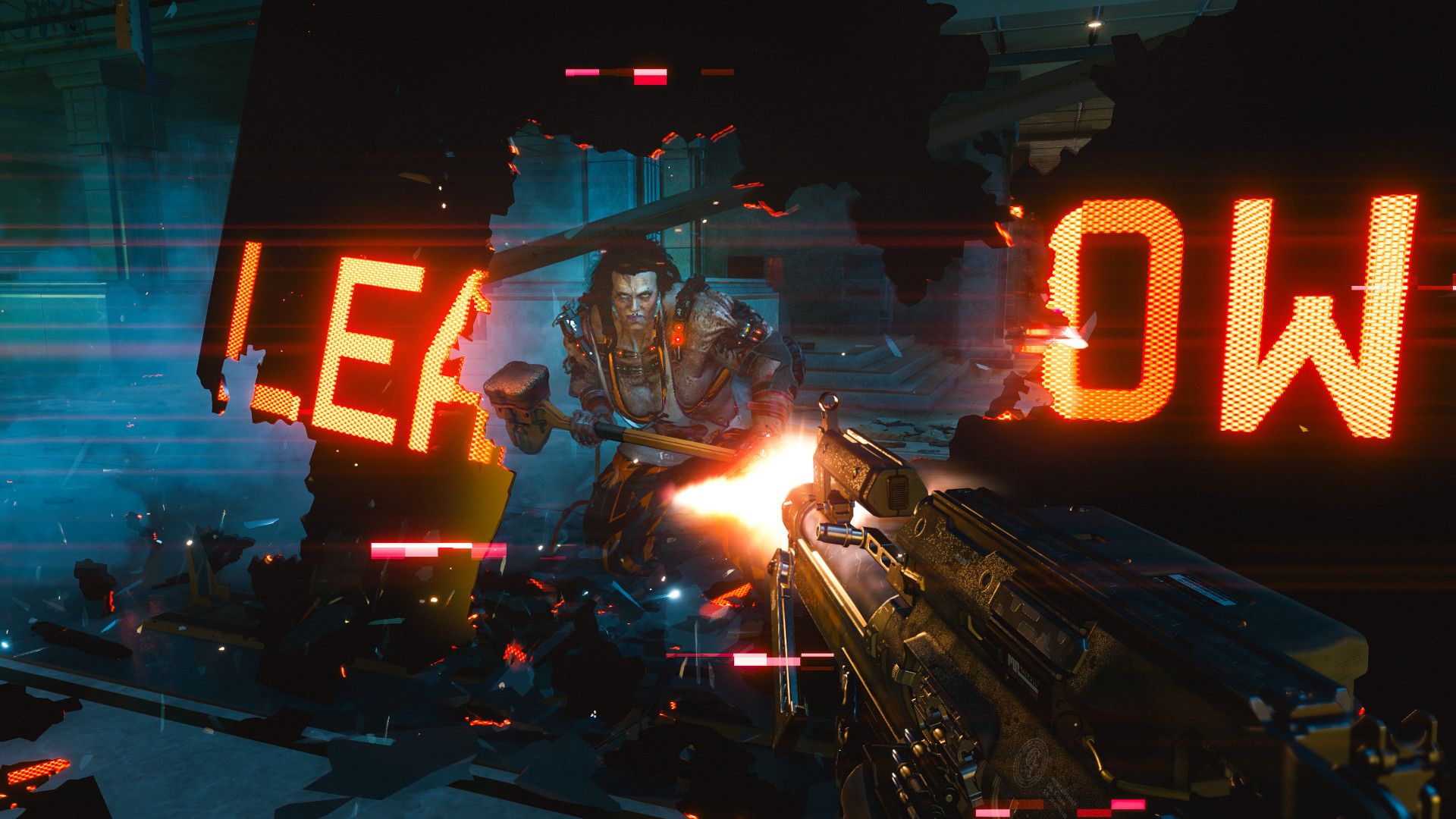 مبارزات بازی Cyberpunk 2077 و دشمن عظیم قرارگرفته در مقابل تفنگ شخصیت اصلی به اسم وی