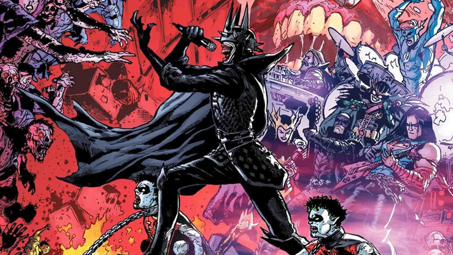 اعضای لیگ عدالت به همراه بتمنی که می‌خندد در سری کتاب کمیک Death Metal