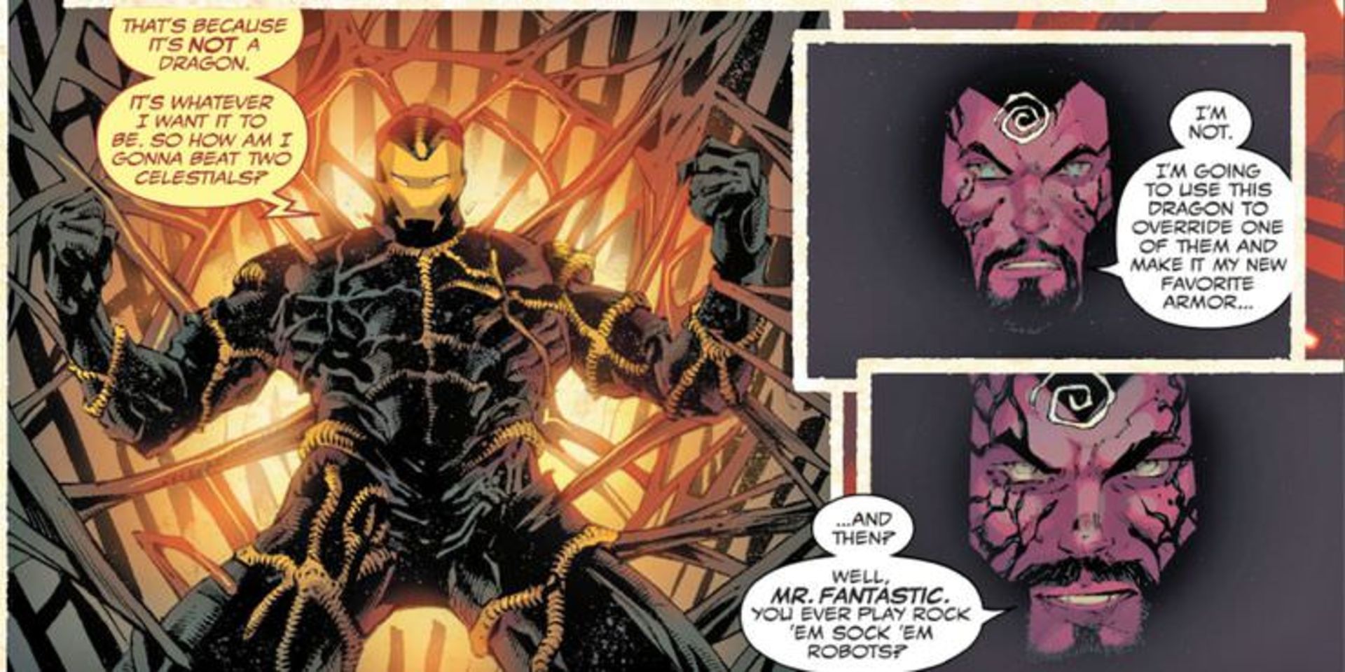 شخصیت تونی استارک در حال آلوده شدن با یک سیمبیوت