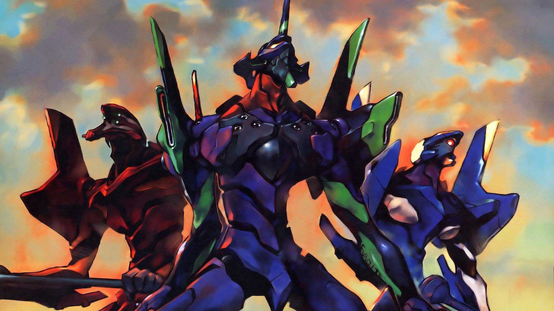 انیمه Neon Genesis Evangelion و اونگلیون های بزرگ خوش رنگ کنار نوجوانانی که آن‌ها را کنترل می‌کنند