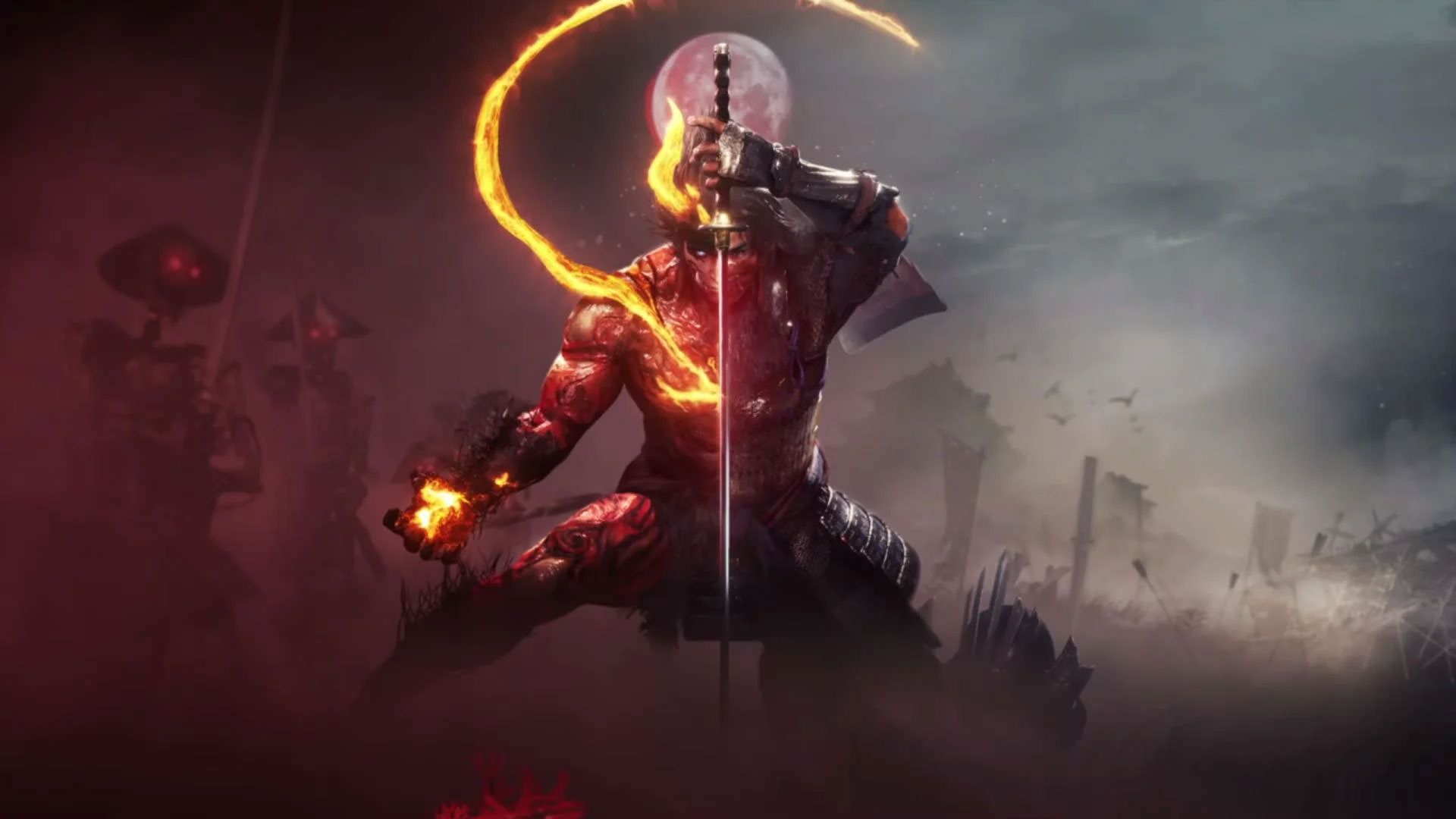 تصویر هنری قهرمان Nioh 2 در میان یوکای‌ها