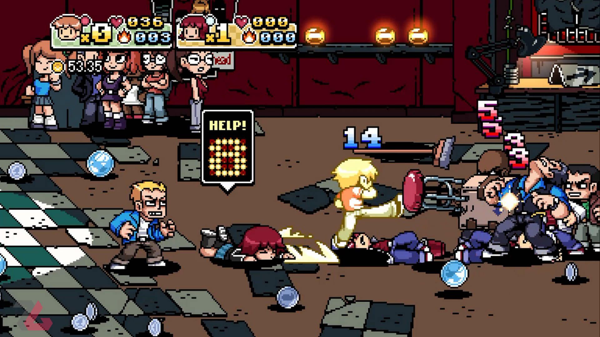 تصویری از مبارزه اسکات پیلگریم در یک رستوران در بازی Scott Pilgrim vs the World: The Game