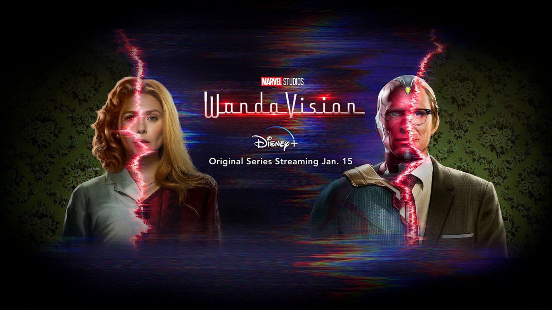 حضور همزمان اسکارلت ویچ و ویژن در ظاهر واقعی و ظاهر دنیای وست ویو در بنر سریال WandaVision