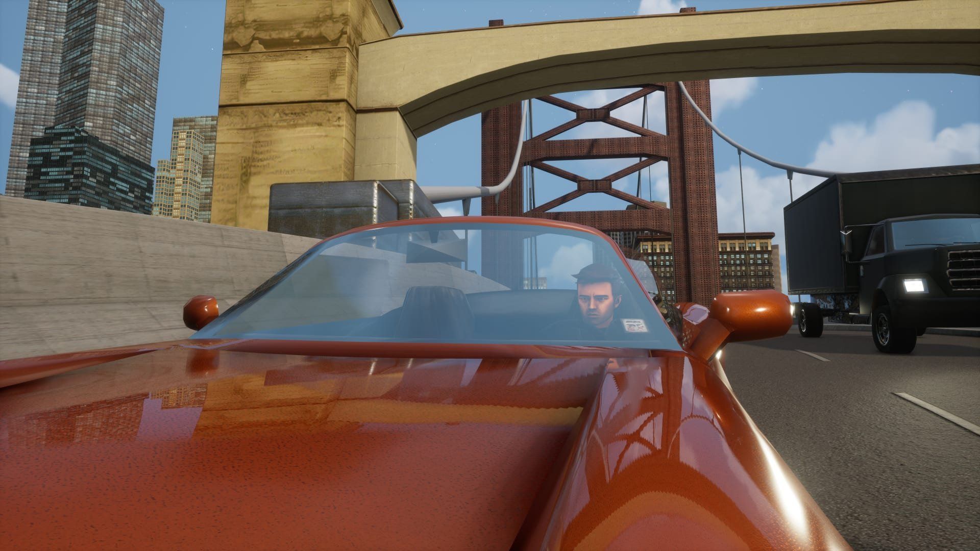 اتومبیل قرمز روی پل در  بازی GTA: The Trilogy – The Definitive Edition