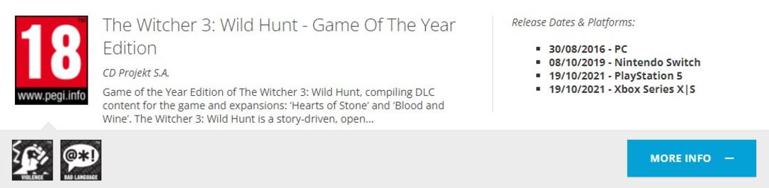 رده بندی سنی  The Witcher 3: Wild Hunt – Game Of The Year Edition برای کنسول های جدید