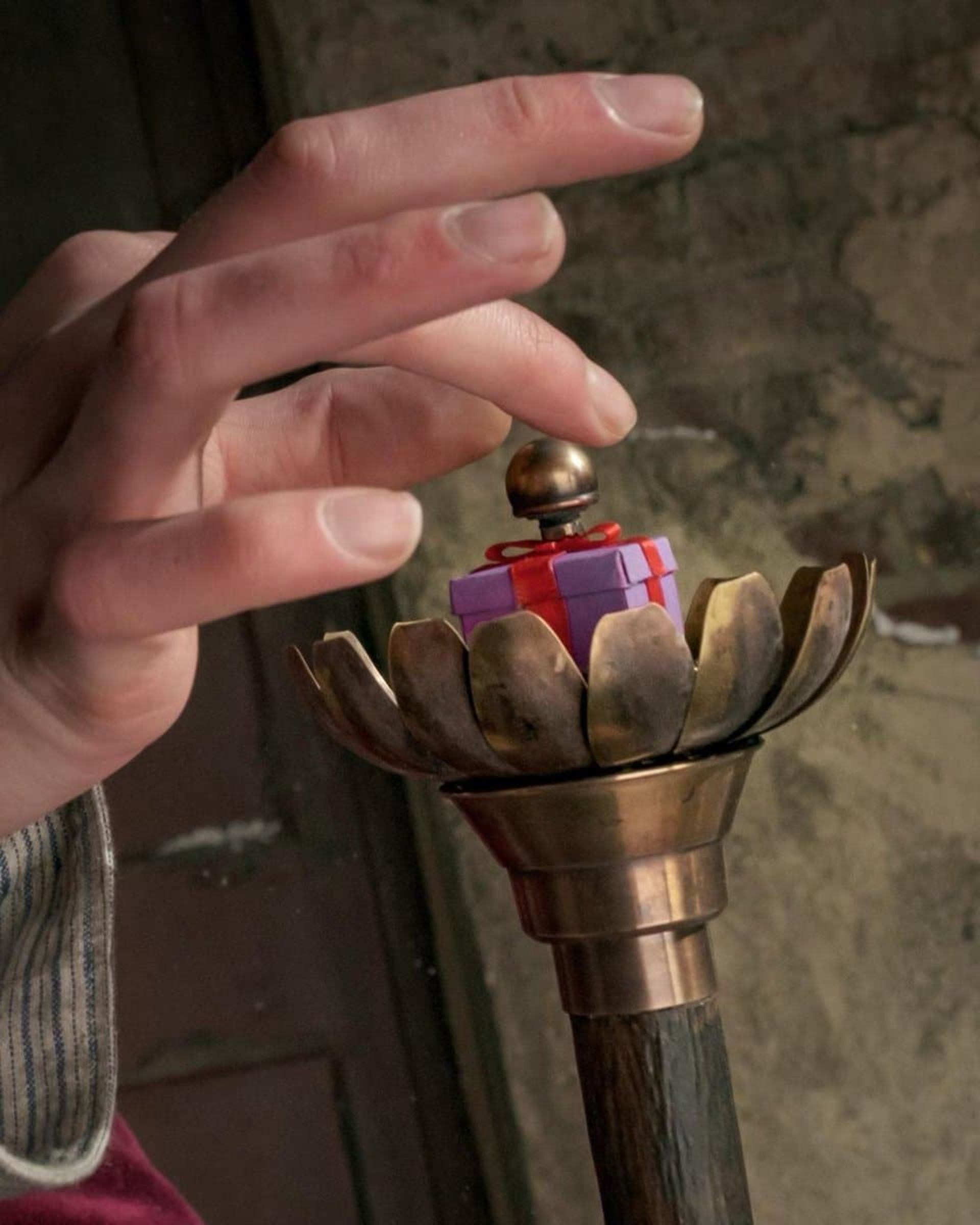 تیموتی شالامی در نقش ویلی وانکا جوان در حال بستن یک هدیه در فیلم Wonka