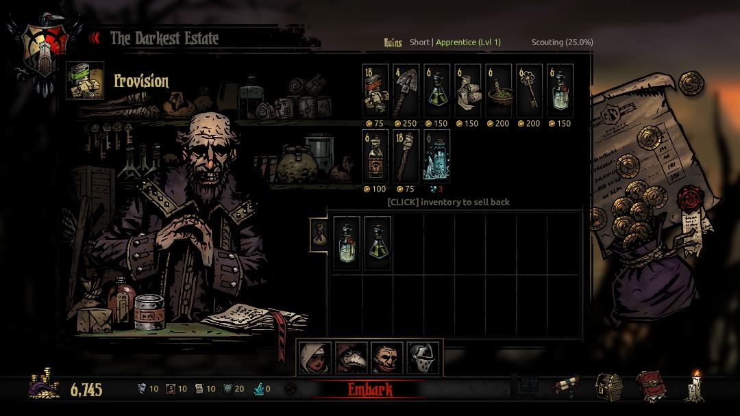 منوی Provision در بازی Darkest Dungeon شامل اقلام و تجهیزات مختلف