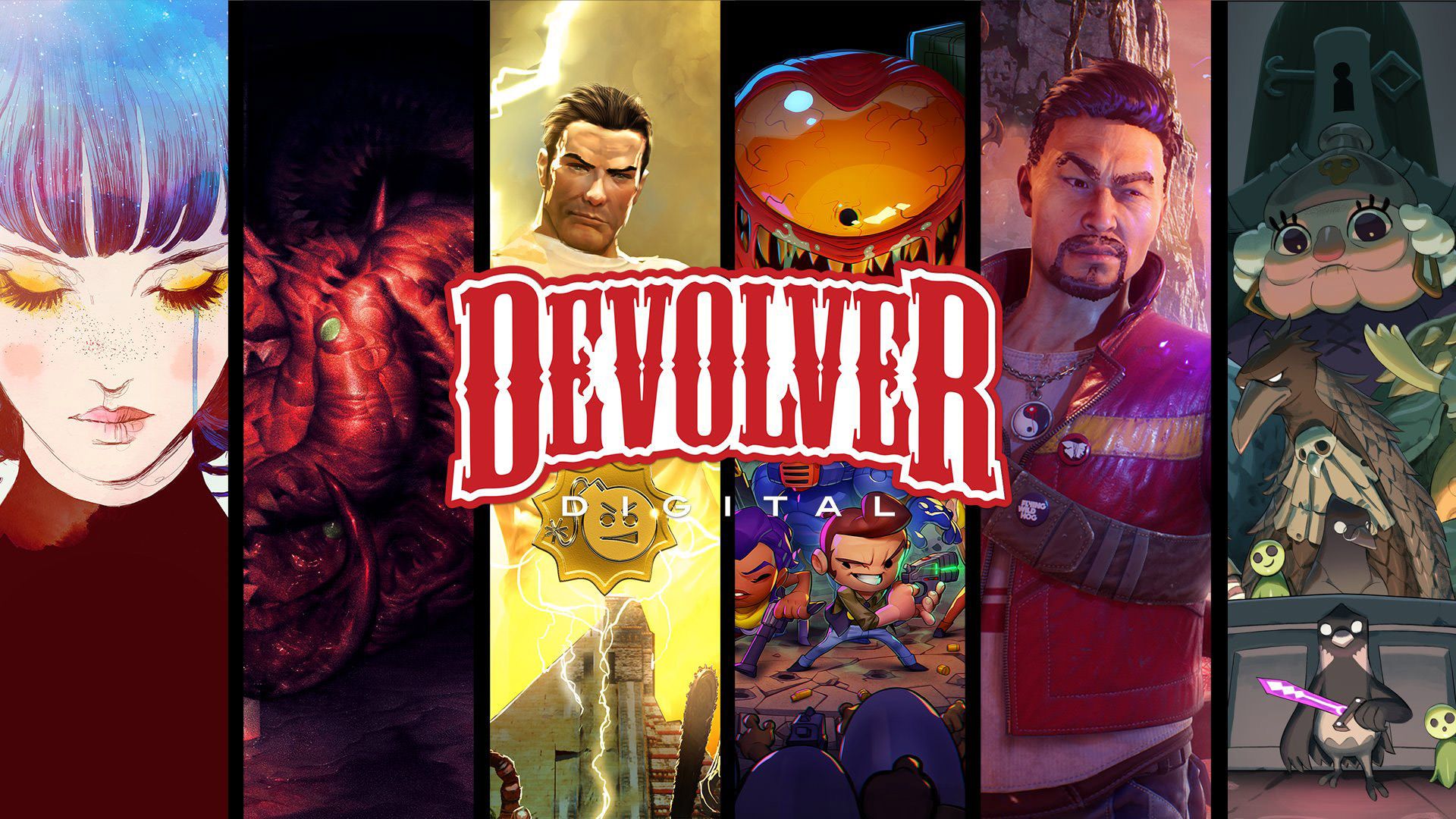 لوگو استودیوی Devolver Digital در پس‌زمینه بازی‌هایش