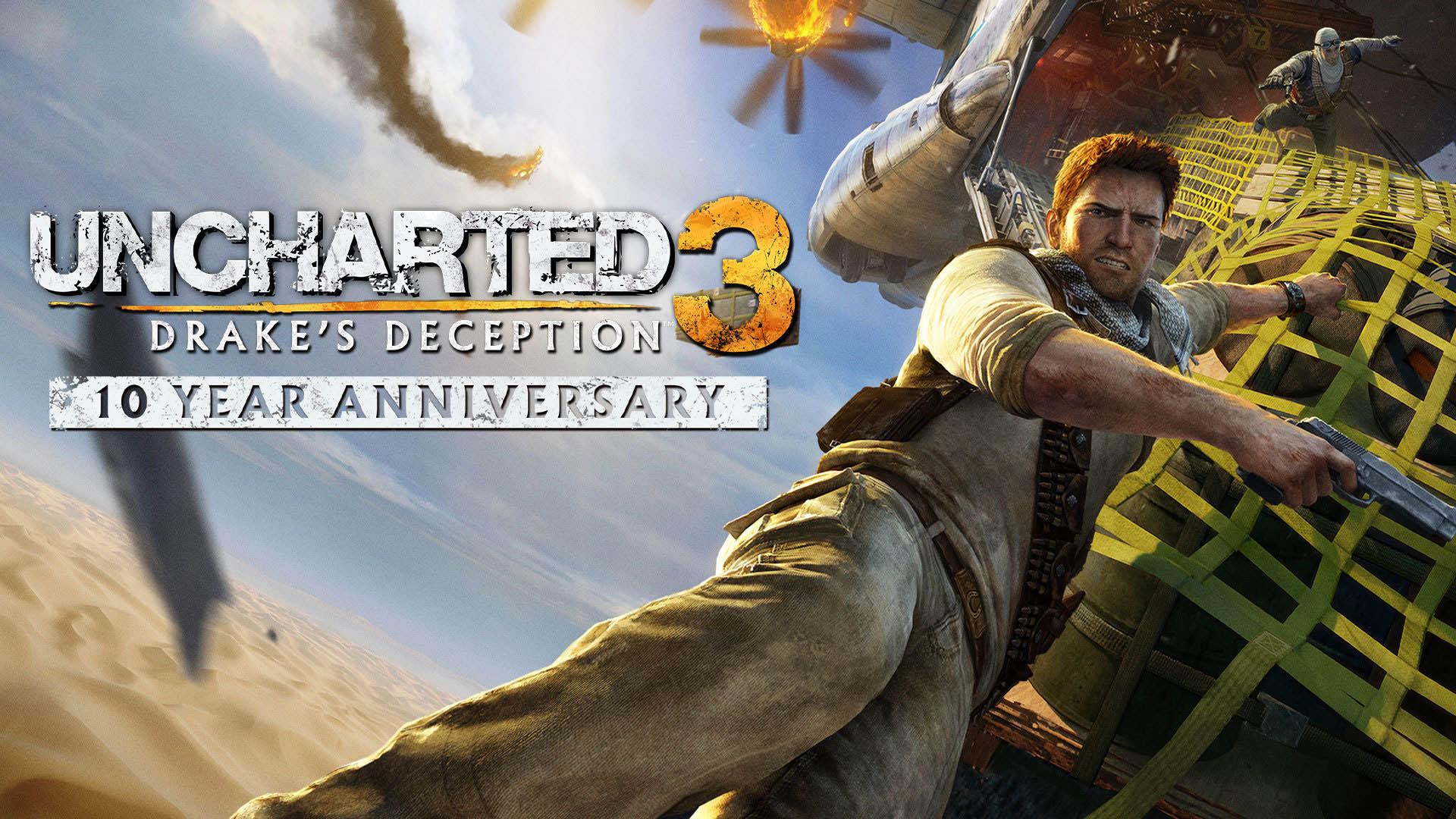 نیتن دریک روی هواپیما در بیابان در بازی Uncharted 3: Drake's Fortune