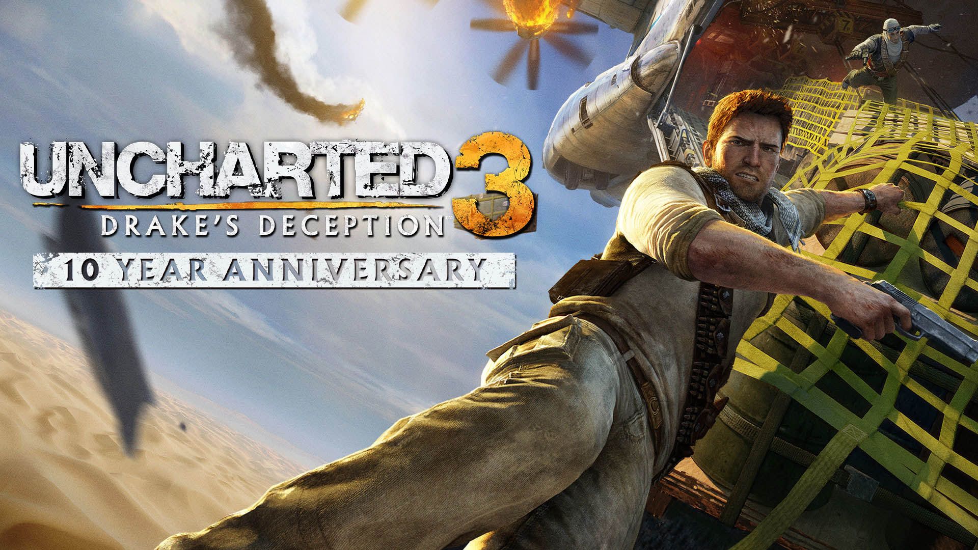 نیتن دریک روی هواپیما در بیابان در بازی Uncharted 3: Drake's Fortune