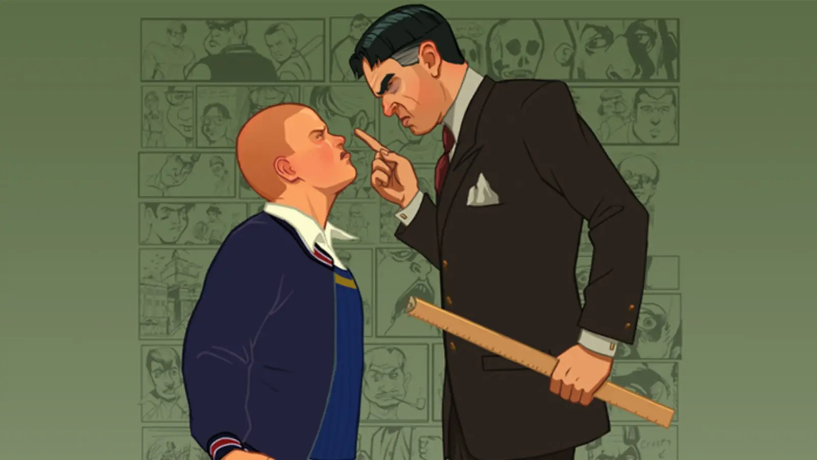 شخصیت‌ بازی Bully در حال مواجهه با یک مرد با کت و شلوار