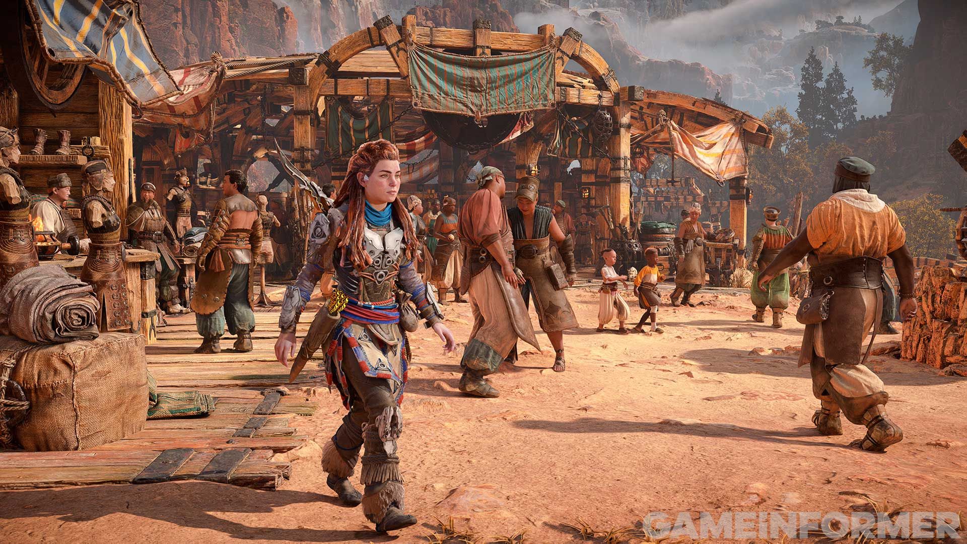 بازی Horizon Forbidden West و الوی مشغول پیاده‌روی در بازار