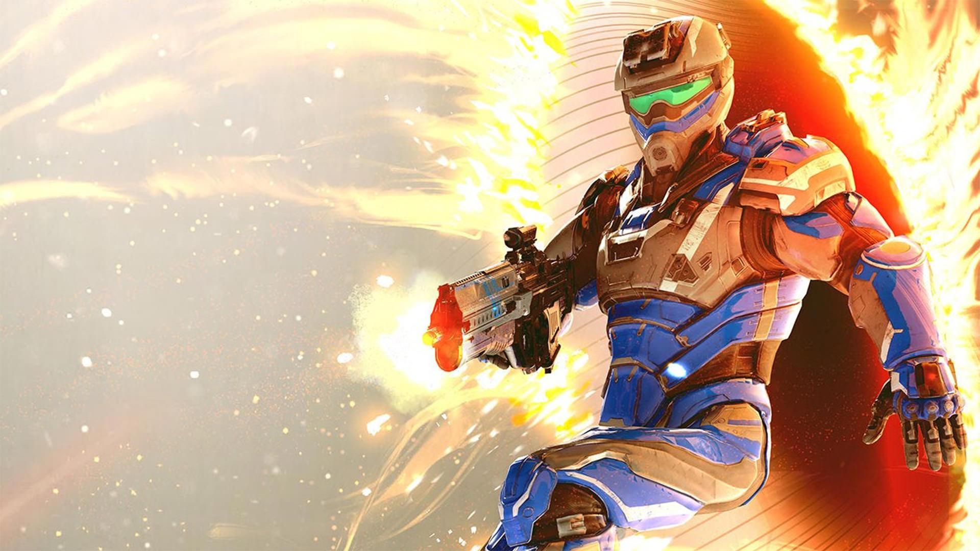 کاراکتر بازی Splitgate در حال عبور از پورتال و شلیک با اسلحه