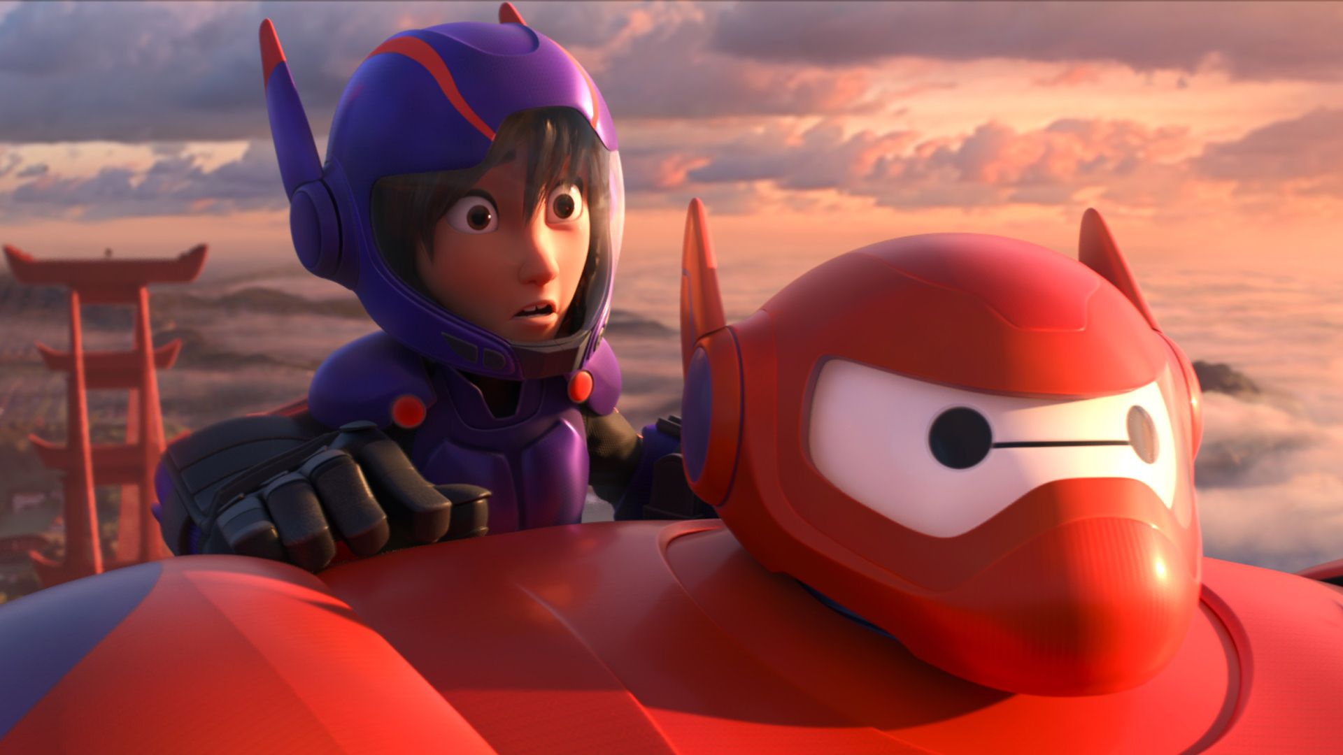 بیمکس و هیرو در حال پرواز در حالت مبارزه در انیمیشن Big Hero 6