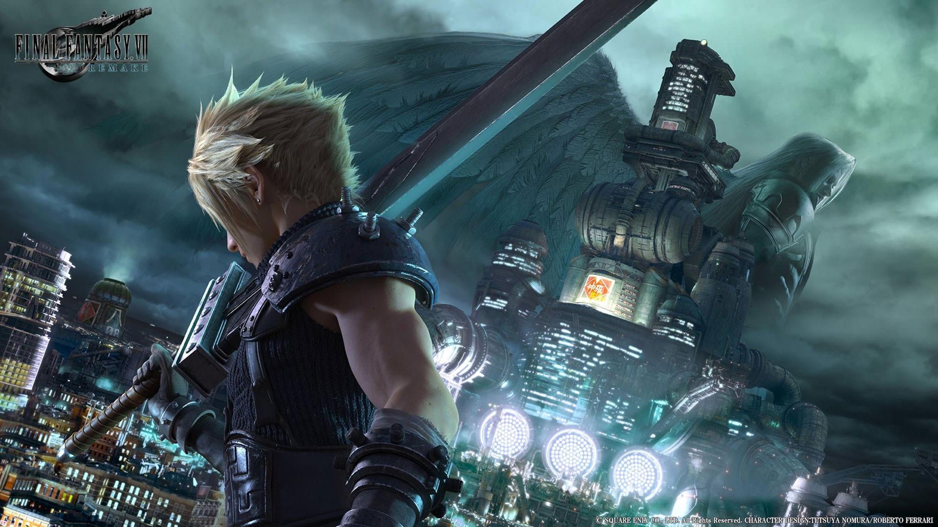 سفیروث با بال های بلند خود مقابل شهر آینده نگرانه و کلاود در بازی Final Fantasy VII remake