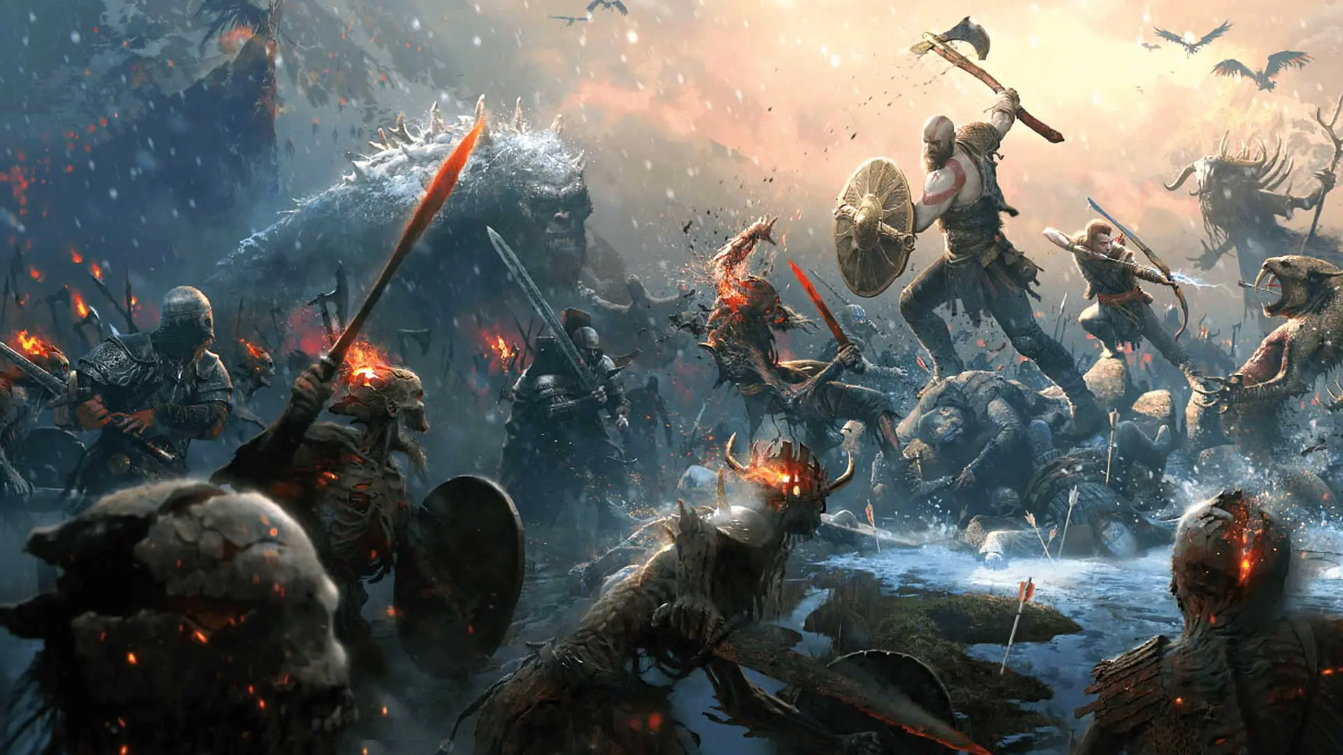 کریتوس با تبر و سپر خود در طرح هنری و جذاب بازی God of War