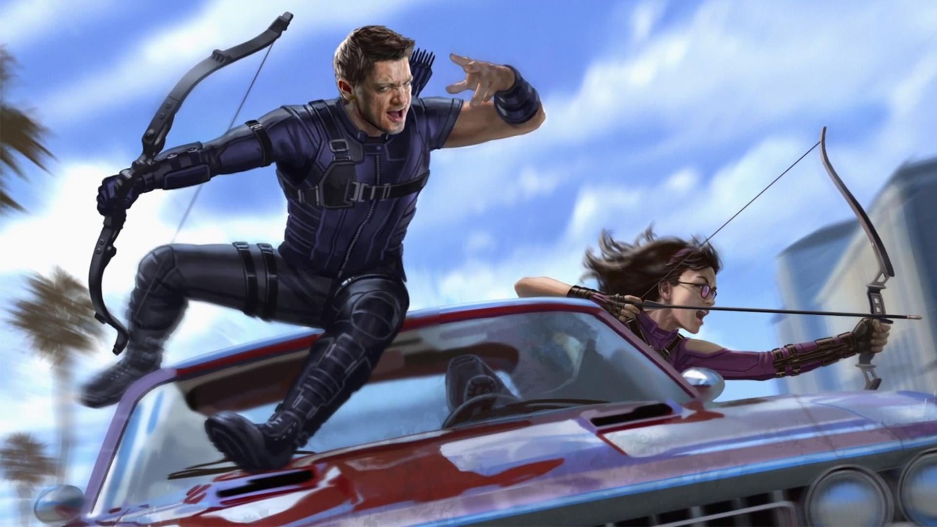 تعقیب و گریز هاکای و کیت بیشاپ با ماشین در کانسپت آرت سریال Hawkeye