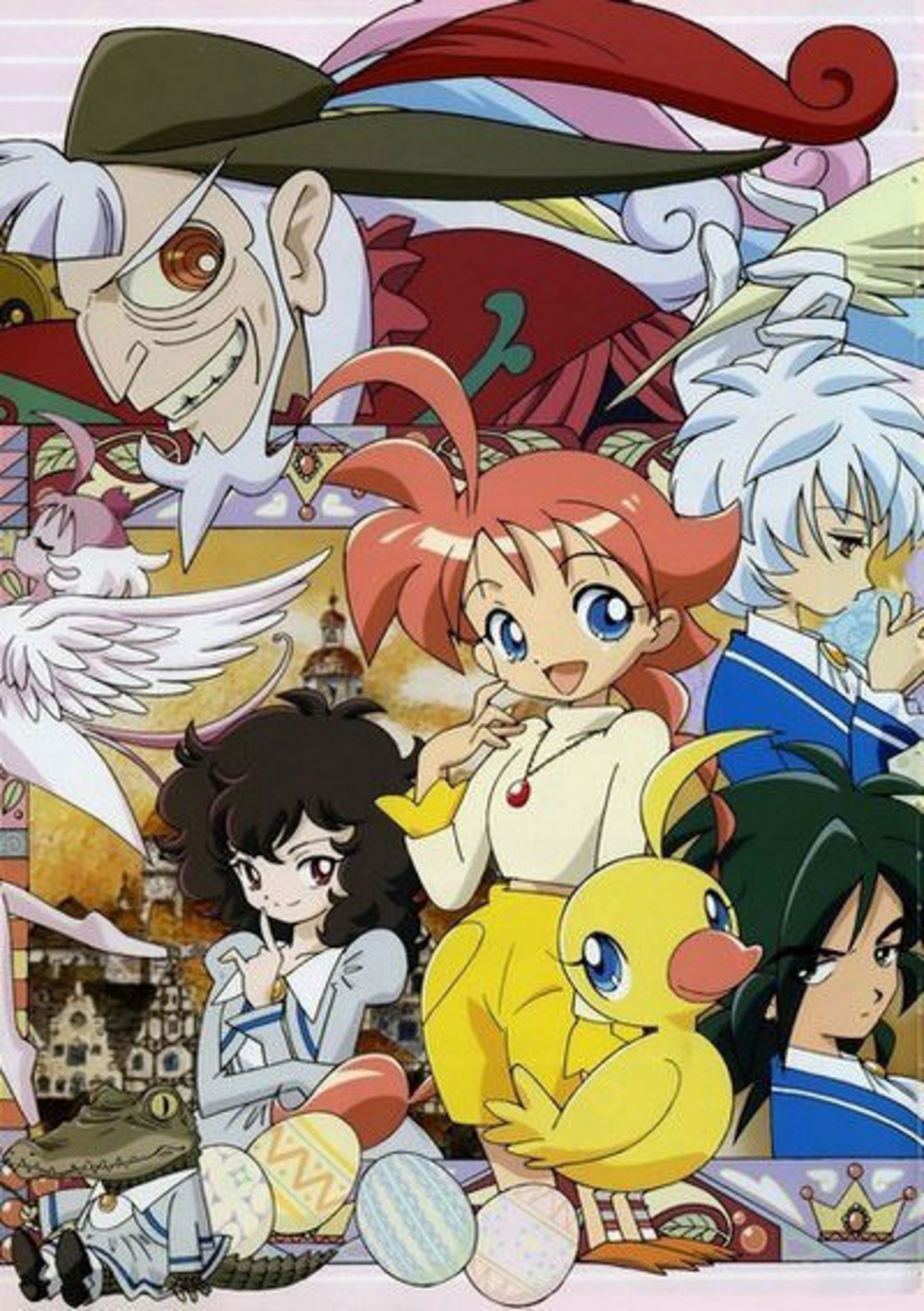 پوستر شلوغ و رنگارنگ انیمه Princess Tutu با نمایش یک اردک بامزه کنار شخصیت های مختلف قصه و رنگ های متنوع